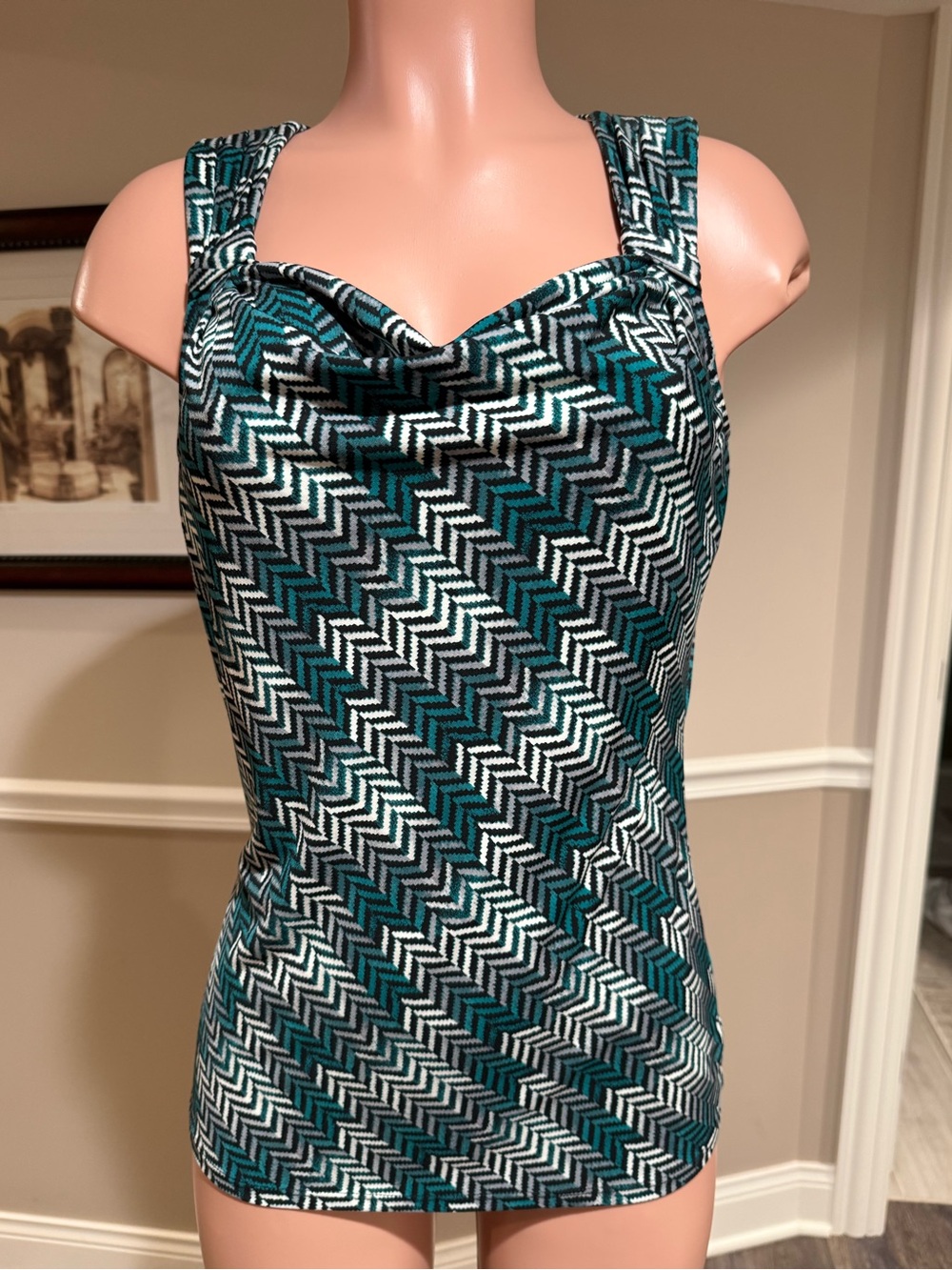White House Black Market Teal Black White Strapless Chevron Top